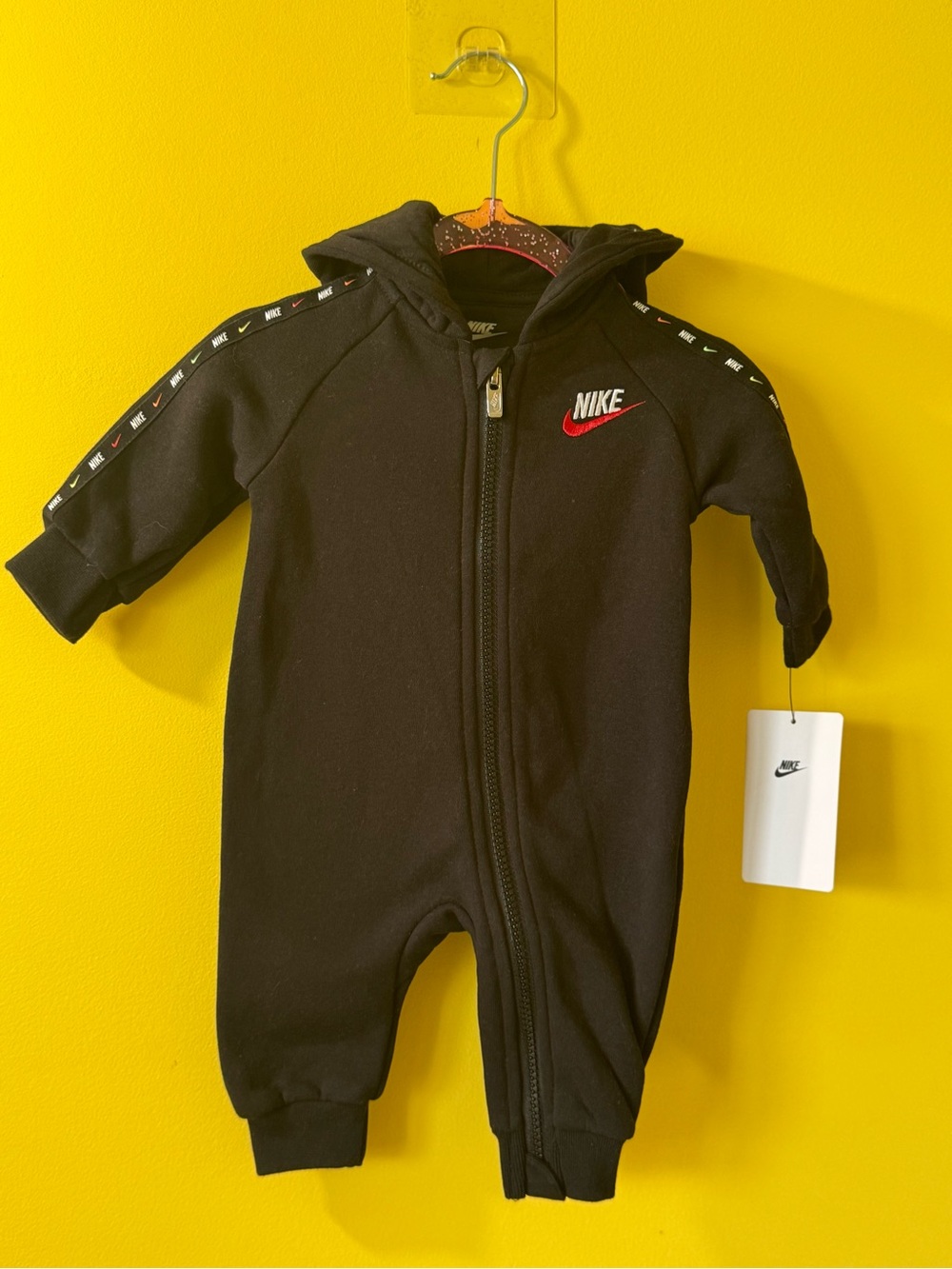 +NWT Nike Hooded Fleece Coverall Pram Black Red Swoosh Baby 3M